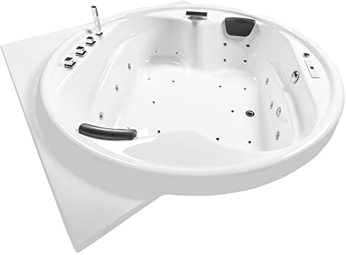 Basera® Classic Indoor Podest-Whirlpool Badewanne XXL Gomera, 28 Massagedüsen, Wasserfall, LED-Ambiente, Touchpanel, Bluetooth und Radio (Gomera mit Ecke)