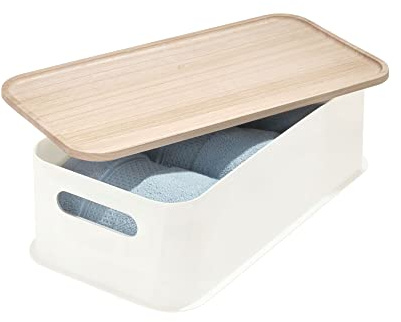 iDesign Aufbewahrungsbox, mittelgroße Aufbewahrungskiste mit Griffen aus BPA-freiem, recyceltem Kunststoff, Organizer Behälter mit Deckel aus Paulownia-Holz, weiß, Polypropylen, 13,6x21,6x43,2cm,08671