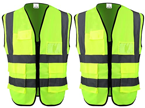 Gilet Alta Visibilità, 2 PCS Gilet di Sicurezza Riflettente con Tasche e Cerniera, per Lavori All'Aperto/Ciclismo/Jogging/Passeggiate/Guardia di Attraversamento/Strada/Costruzione - Verde