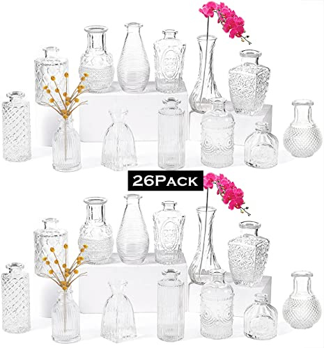 Small Glass Flower Vase set of 26 for Wedding Centrepiece Clear | Table Decorations Crystal Vintage Embossed Bud Mini Flowers Vases in for Party or Home Living Room Dining Bedroom Decor