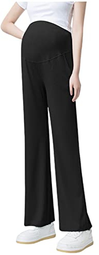 Pantaloni Premaman a Gamba Larga Morbidi - Vita Elastica Regolabile- comodità Massima per Gravidanza, Ideali Primavera Estate(L, Nero)