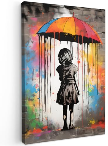 MuchoWow© Cuadros para Salon 60x90 cm Foto con Lienzo Canvas Laminas Cuadro Dormitorio Decoracion Hogar Pared Quadro Chica - Arte - Paraguas - Graffiti - Colores - Pared
