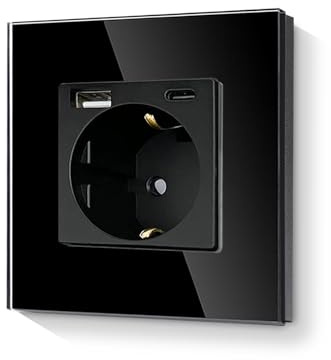 LIAONFOY 20W Schnelllade Steckdose usb c Kombination Steckdose mit Kindersicherung Glasrahmen Unterputz Wandsteckdose 100-240V 86mm Schwarz (Neutrale erforderlich)