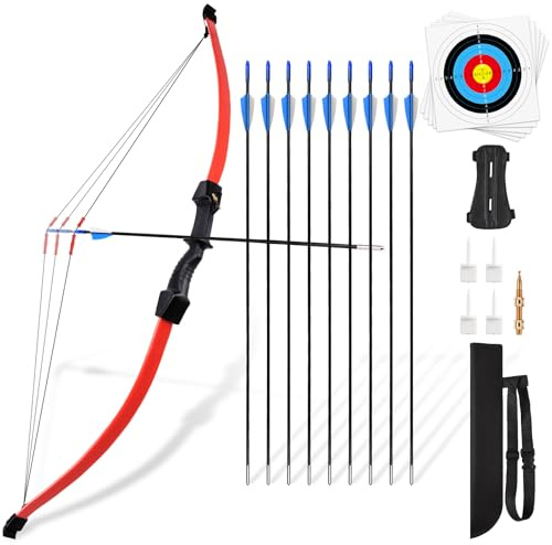 Toy Kids Bow and Arrow Set, 45 Youth Bow and Arrows Archery Set Adult, Teens 8-12 14-16 Year Olds Archery Long Bows with 1 Bow 9 Arrows 5 Target Face 1 Arm Guard 1 Quiver 1 Sight Pin 4 Target Pins