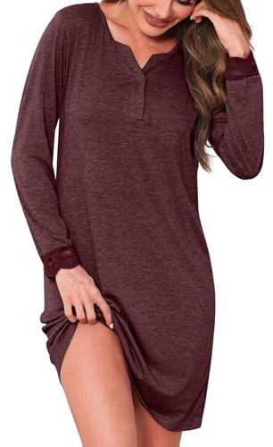 Jahetuul Nachthemd Damen Schlafshirt Langarm V-Ausschnitt Nachthemden | für Damen Baumwolle Nachtwäsche Sleepshirt Nachtkleid mit Knopfleiste