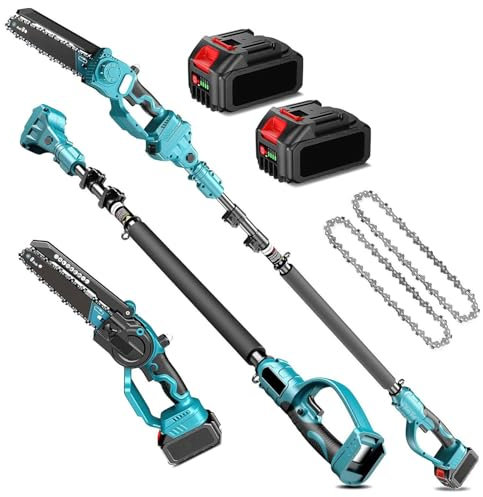 2 in 1 Mini Tronçonneuse et Élagueur sur Perche sans Fil, Tronçonneuse Télescopique de 8/6 Pouces, avec 2 Batteries et Chargeur, Portée 16/8 FT, pour Branches et Jardin (8 Pouces 2 in 1)