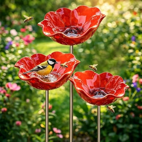 3 Stück Vogeltränke Blume als Gartenstecker,Bienenblüten Keramik Tränke,Insektentränke Gartendeko,Blumenstecker für Rasen,Beete und Vögel（Keramik）