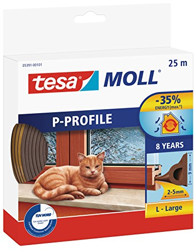 Tesa Moll P-Profile Seal - Gomma Sigillante per L'Isolamento degli Spazi tra Porte e Finestre - Marrone - 25 m x 9 mm x 5,5 mm