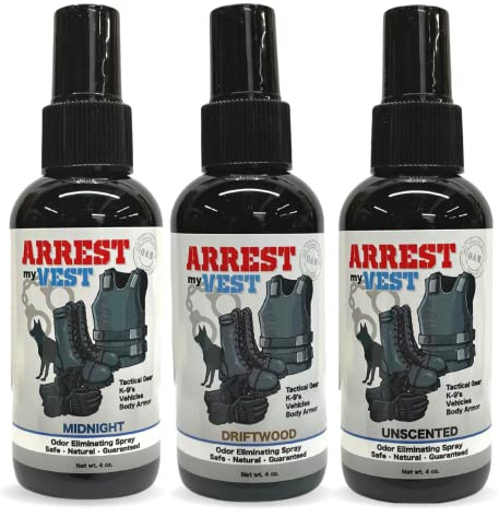 Arrest My Vest Military and Police Grade Odor Eliminating Spray for Body Armor Odor, Tactical Gear. Safe on K9's. Triple Pack of Assorted Fragrances 1 Unscented, 1 Midnight and 1 Driftwood Bottles