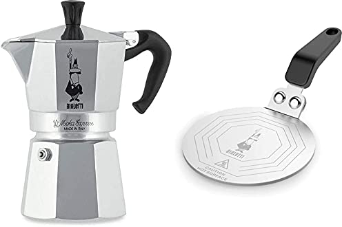 Bialetti Moka Express Cafetera Italiana Espresso, 4 Tazas, Aluminio + DCDESIGN08 Difusores de calor, adaptador para el utilizo de cafeteras y baterías de cocina sobre placas de inducción