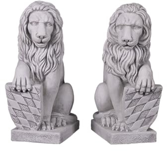 gartendekoparadies.de Statuen Löwen mit Schild Links und rechts, Steinfigur, H. 40 cm, je 15 kg, Grau, frostsicher aus Steinguss für Außenbereich (Set Löwen-Paar)