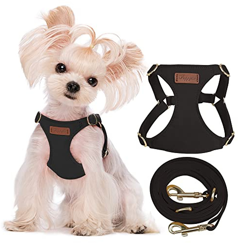Puppytie No Pull xs Dog Harness with Multifunction Dog Leash,Soft Adjustable No Choke Escape Proof Pet Harness Vest,Black,XS