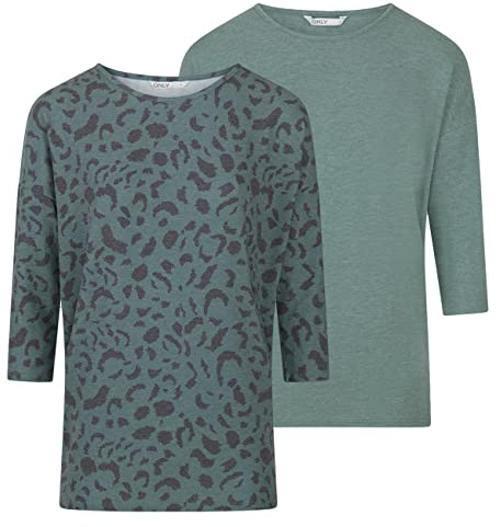 ONLY Damtopp ONLGLAMOUR 2-pack 3/4 ärmar basic skjorta rund hals lös passform långärmad tröja topp mönster tryck sommar XS S M L XL XXL svart grön grå, Chinois Green (15289509), M