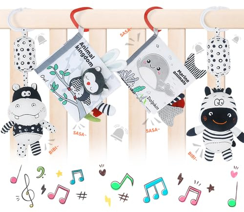 Baby Hanging Rattle Toys, Black and White High Contrast Baby Toys, Stroller Mobile Toy with Soft Plush Animal Rattles and Soothing Sounds, 4 Pack (Animal)