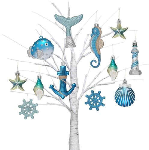 Valery Madelyn Summer Ornaments Tree Decorations Set, 12ct Light Blue and Silver Shatterproof Summer Balls Bulk, Summer Beach Coastal Ocean Nautical Marine Hanging Seafair Xmas Holiday Decor