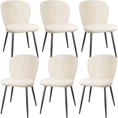 ANVOFONG Set di 6 Sedie Sala da Pranzo, Sedie da Cucina, Sedia Imbottita, Schienale in Tessuto con Gambe in Metallo Nero per Sala da Pranzo, Cucina, Beige.