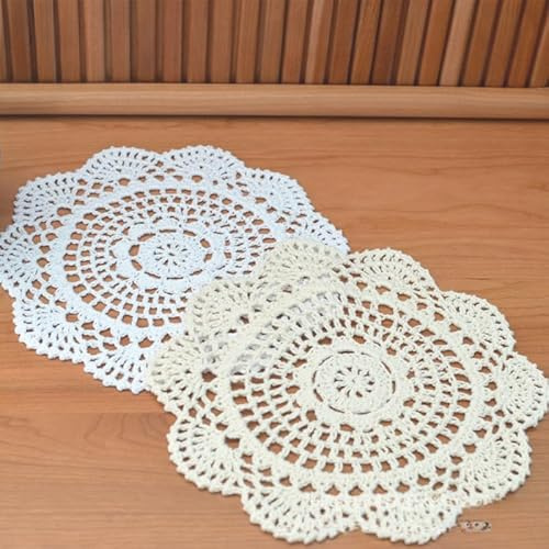 4 Stück Baumwolle gehäkelte Untersetzer, Spitzendeckchen Tischsets 20cm Handgefertigt Gehäkelt Runde Tischsets Handarbeit Geklöppelt Placemat Blume Matte Häkeldeckchen für Küche Esszimmer-Beige+Weiß
