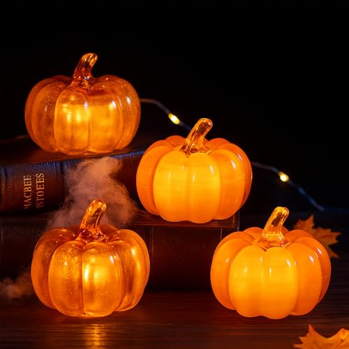 NAVESO 4 stycken pumpadekorationer med LED, höstdekoration, halloween pumpa-lykta, belysning för tacksägelsefest, jul bordsdekoration