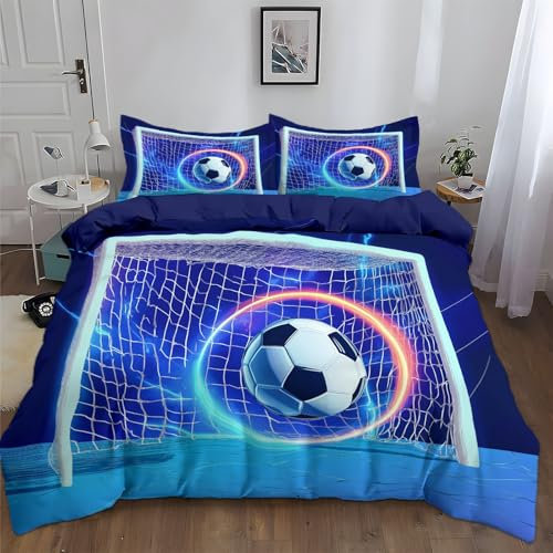 Generico Copripiumino Tema Sportivo Calcio D'Inizio Morbida e Confortevole Set di Biancheria da Letto 180 x 220 cm Per Adulti E Bambini, Incluso 1 Klein Blue Copripiumino e 2 Federe 50 x 80 cm