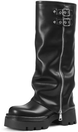 Phefarer Women's Knee High Fold Over Boots Chunky Platform Lug Sole Comfortable Leather Round Toe Goth Moto Combat Black Dress Boots for Women Size 8