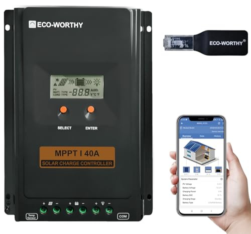 ECO-WORTHY 40A MPPT Solarladeregler, 12V/24V Laderegler Solar mit LCD Display, Bluetooth APP Monitor ＆ RS485, 99% Ladeeffizienz für Lithium GEL SLA FLD Batterie
