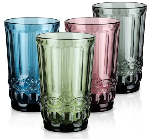 Joeyan Färgglada glas diskmaskinssäkra, 330 ml flerfärgade vattenglas, set om 4 delar, vintage dricksglas med präglad design, stapelbara långdrinkglas för hem, restauranger, fester, trädgård