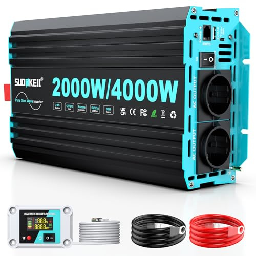 SUDOKEJI 2000W/4000W Wechselrichter Reiner Sinus Spannungswandler 12v auf 230v Power Inverter mit LCD-Fernbedienung,Type-C und USB Anschlüsse,2 EU AC Steckdosen für Solar,Fahrzeuge,Wohnmobil