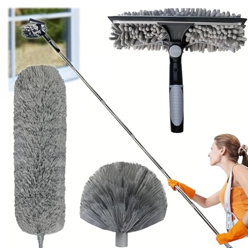 Spolverino telescopico 6 m, testa di lupo telescopico con asta di estensione di 4,25 m, scopa ragnatela per ventilatore da soffitto, finestre, pareti e paralumi, lavabile in lavatrice (grigio)