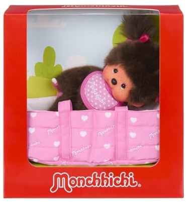 Sekiguchi 204069 - Niña Monchhichi Original con Peto Rosa con Corazones y Cuna, Peluche de Aproximadamente 20 cm de Altura Fabricado en Felpa marrón