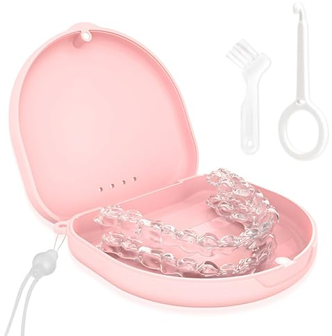 DIPZO Tandproteslåda & Skenfodral, Förvaring av Bett- och Tandskydd med Rengöringsborste, för Löständer och Tandställning (Rosa)