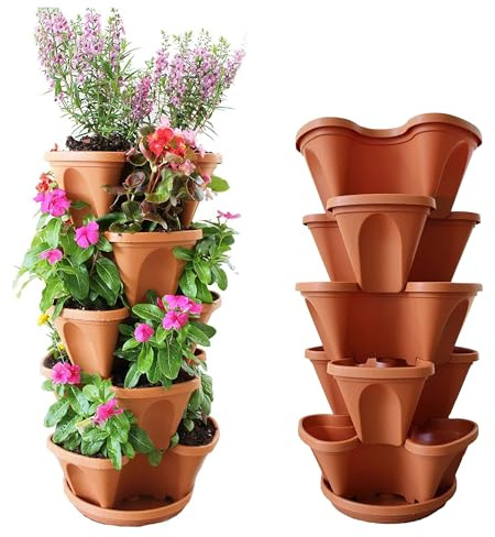 Natures Distributing Nature’s 5 Tier Stackable Vertical Garden Planter – Patented Self-Watering Strawberry Tower for Indoor/Outdoor Use – Stacking Pots for Herbs, Tomatoes, Carrots, Vegetables & More