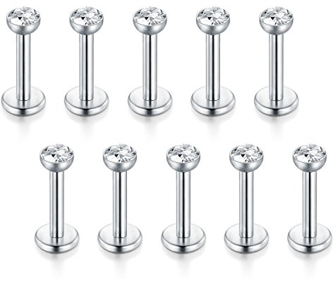 Funseedrr 10er 1.2mm Edelstahl Lippenpiercing Labret Stecker Set 6mm 8mm Silber Tragus Helix Piercing Schmuck Conch Piercing for Women