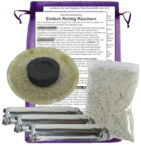 Räucherschale Naturstein 6-TLG Räucherset zum Räuchern für Anfänger & Profis mit Zubehör. Onyx Schale + 30 X Räucherkohle + Räuchersand + Räucheranleitung mit Lexikon der Räucherstoffe. 81586-G