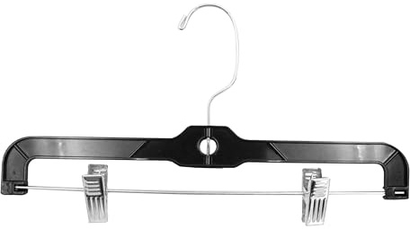 SSWBasics 14-Inch Black Plastic Skirt and Pants Hangers - Pack of 20 with Chrome Swivel Hook, Padded Clips - Perfect for Retail and Home Use, Holds Up to 6 Pounds