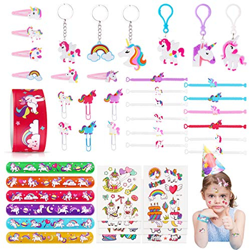JOYUE 50PCS Unicornio Cumpleaños de Regalo, Pulsera Unicornio, Llavero, Tatuajes Temporale, Pinza de Pelo, Marcador de Unicornio, Pulseras Bofetada, para Piñata Unicornio Fiesta de Regalo para Niños