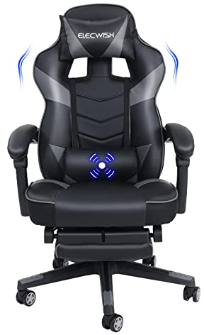 PULUOMIS Video Gaming Chair Massage for Adults with Footrest Computer Desk Chair PU Leather 150° Reclining High Back Support Office chair for Home with Headrest Lumbar (Grey)