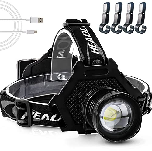 Rechargeable Head Torches LED Super Bright XHP70 Hard Hat Light 20000Lumens with Battery & Helmet Clips,Zoomable 5 Modes Output Function Professional Headlamp for Camping Outdoor Hiking Working