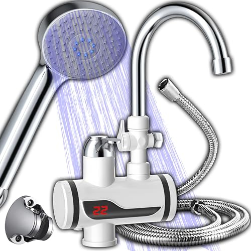 Retoo 220V Elektrische Wasserhahn mit Durchlauferhitzer & Duschhandgerät, Sofortiger Warmwasserbereiter mit LCD Temperaturanzeige, Warmwasserhahn, Durchlauferhitzer für Küche, Garten, Instant Heißwass