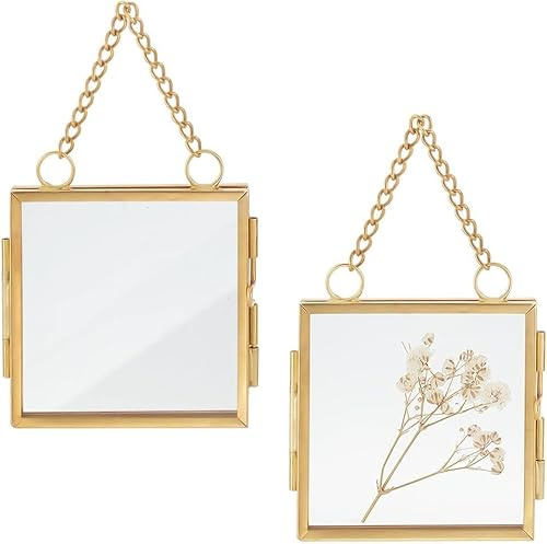 OLYCRAFT Mini-Glasrahmen zum Aufhängen, 6,9 cm, Doppelglas-Bilderrahmen mit Kette, Klapprahmen, DIY-Vintage-Kunstwerk-Display-Rahmen für gepresste Blumen, Bilder, Hauswand, 2 Stück