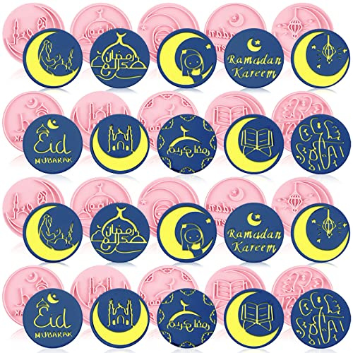 20 Stück Eid Mubarak Ausstechformen mit Kolben-Set, 3D Ramadan islamische muslimische Keksstempel, DIY Eid Kekspresse Stempelformen Kunststoff Keks Prägung Fondant Backwerkzeug, 10 Stile (frischer