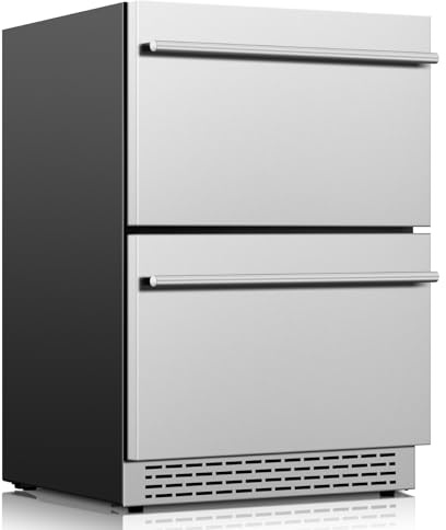 WINEBOSS 24 Inch Beverage Refrigerator, Under Counter Double Drawer Fridge for Drink Soda Beer, 37-64°F, Freestanding/Built-in Stainless Steel Beverage Cooler for Home Outdoor Commercial Use