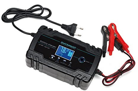 OVERMUST - Caricabatterie Auto LCD Intelligente, Protezione Sovraccarico e Cortocircuito, Ampia Compatibilità 12V-8A, 24V-4A, Portatile e Facile da Usare, Nero,