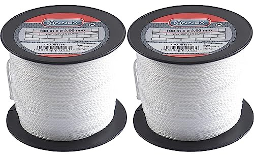 Connex Maurerschnur weiß - 100 m Länge - Ø 2,0 mm - Polypropylen geflochten -Knotenfest -Reißfest & Belastbar - Auf Spule, Richtschnur, Bauschnur, Lotschnur, Pflasterschnur, COX781550, Packung mit 2