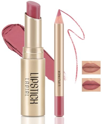 Boobeen 2 Pcs Lip Liner und Lippenstift Set, Ultra Long-Lasting Nackt Matt LipLiner Creme Lippenstift Wasserdicht Lippenfarbe