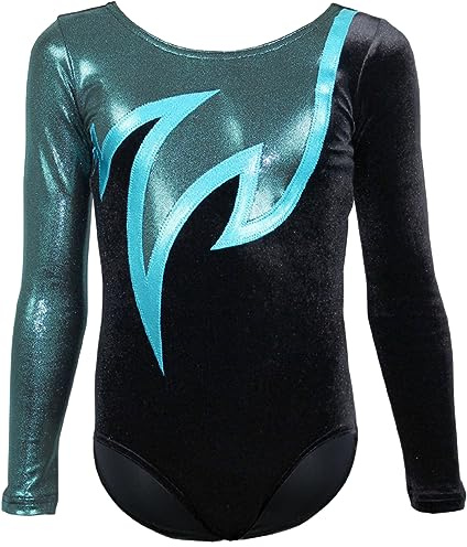 GymStern JAVA LANGARM Turnanzug für Mädchen – Blickdichter, eleganter Gymnastikanzug aus Samt/Stretch-Material – Bequem & MADE IN GERMANY Größe:134/140 Farbe: SAMT SCHWARZ-PETROL-TÜRKIS