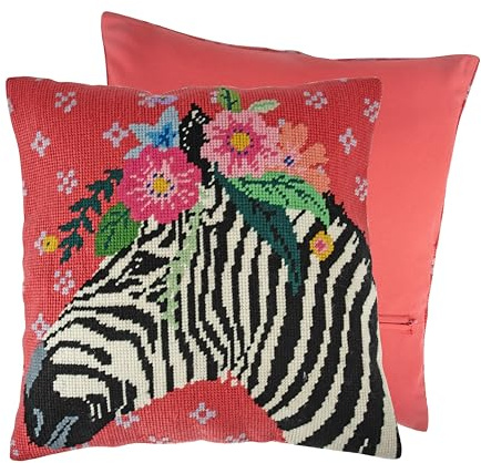 Trimits Half Stitch Cross Stitch Cushion Kit, Cushion Back Included, Pre Printed Canvas, Yarn and Needle Included 40 x 40cm (15.75 x 15.75in), Zebra