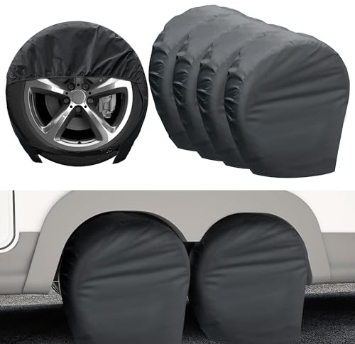 Joroamp Däckskydd 4-pack, tufft däckhjulskydd för husbil, lastbil, SUV, resesläpvagn, jeep, husbil, universellt utomhus vattentätt vindtätt däckskyddsset passar däckdiametrar 75–79 tum (svart)