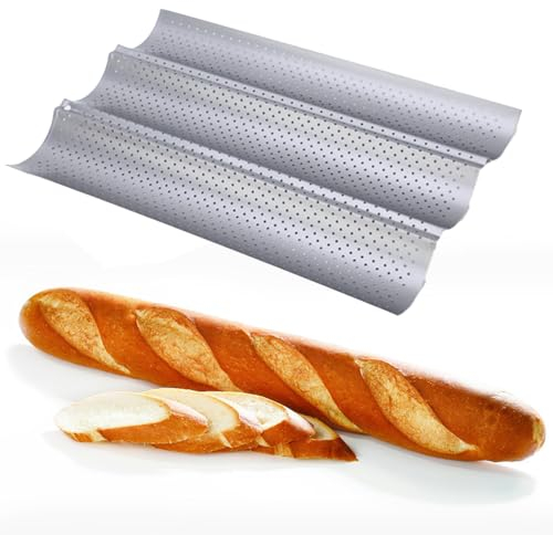 katmerio Bandeja para hornear baguette (38 x 24,5 cm) para 3 baguettes con 3 huecos, molde perforado, accesorios para hornear pan, molde antiadherente de metal