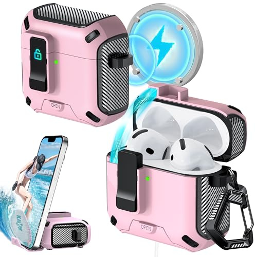RFUNGUANGO Compatible with AirPods 4th Case with Cleaning Pen, Locking Clip,Full Body Protection,Stand Function,and Compatible with Magsafe,Pink