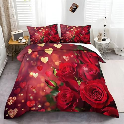 Copripiumino Pianta Rosa Cuore 260 cm x 220 cm Colorato, Set Di Biancheria Da Letto Di Facile Manutenzione Con 2 Federe, Copripiumino Stampata Con Chiusura A Cerniera Per Tutte Le Stagioni
